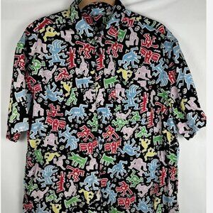 Keith Haring H&M All Over Print Button Up Shirt Mens L Black Multicolor Graphic